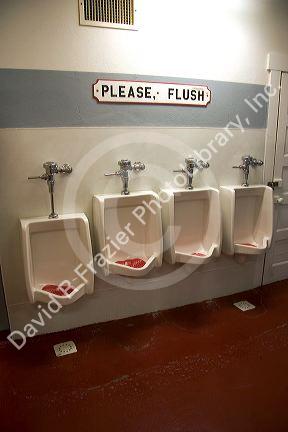 Urinals in the mean's restroom in the Parke County Courthouse at Rockville, Indiana.