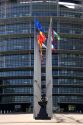 European Union Parliament and flags of member nations in Strasbourg, France.