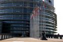 European Union Parliament and flags of member nations in Strasbourg, France.