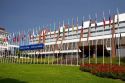 Council of Europe building and flags of member nations in Strasbourg, France.
