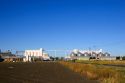 Grain elevators at a rice mill in Richvale, California.