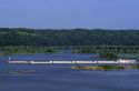 Tugboat and barge tow on the Mississippi River in Iowa.