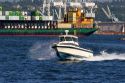 A motorized boat in Elliott Bay at Seattle, Washington.