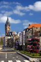 A street scene with a view of the Hotel de Ville at Calais in the department of Pas-de-Calais, France.