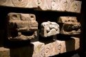 Carved serpent heads are artifacts from Teotihuacan on display in the National Museum of Anthropology in Mexico City, Mexico.