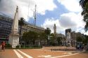 The Piramide de Mayo national monument and the Cabildo located in the Plaza de Mayo in Buenos Aires, Argentina.