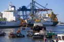 Container ships and small boats in the Port at Valparaiso, Chile.