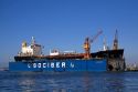 Floating dry dock with container ship in the Port at Valparaiso, Chile.