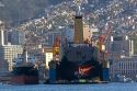 Floating dry dock with container ship in the Port at Valparaiso, Chile.