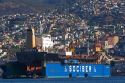 Floating dry dock with container ship in the Port at Valparaiso, Chile.