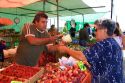 Woman shops at an outdoor produce market in Valparaiso, Chile.