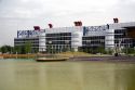 George R. Brown Convention Center and Kinder Lake at the Discovery Green public park in Houston, Texas.