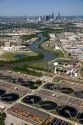 Aerial view of a sewage treatment facility along the Houston Ship Channel in Houston, Texas.