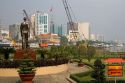 Activity on the Saigon River and cityscape of Ho Chi Minh City, Vietnam.