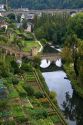 Gardens along the Alzette River in the Grund district of Luxembourg City, Luxembourg.