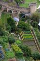 Gardens along the Alzette River in the Grund district of Luxembourg City, Luxembourg.
