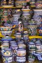 Talavera pottery being sold at an outdoor market in the city of Puebla, Puebla, Mexico.
