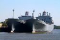 The MV Cape Kennedy and MV Cape Knox are two of the United States Military Sealift Command's Roll-on/Roll-off ships on Ready Reserve Force on the Mississippi River at New Orleans, Louisiana, USA.