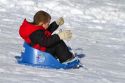 Sledding on a snowy hill near Boise, Idaho, USA.