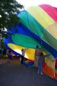 Hot air balloon landing in a residential area of Boise, Idaho, USA.