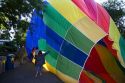 Hot air balloon landing in a residential area of Boise, Idaho, USA.
