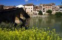 Six-arched Roman bridge spanning the Arga River on the Way of St. James pilgrimage route in Puente La Reina, Navarra, Spain.